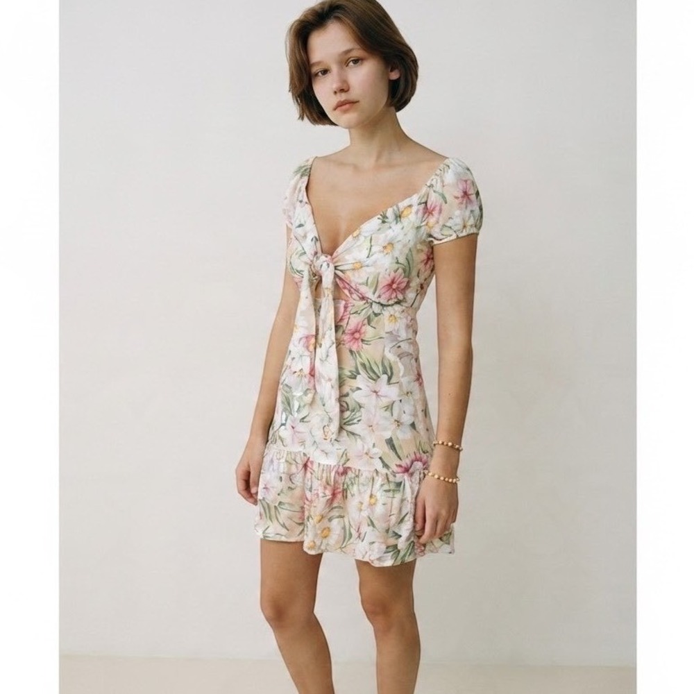 Maaji Floral Mini Dress Pink Green Sz M Tie Front Cocoon of Love Rosabel NWT